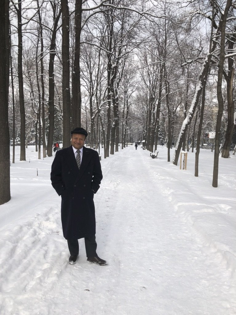 Sohail Hasnie in a snow-covered Bishkek park in winter