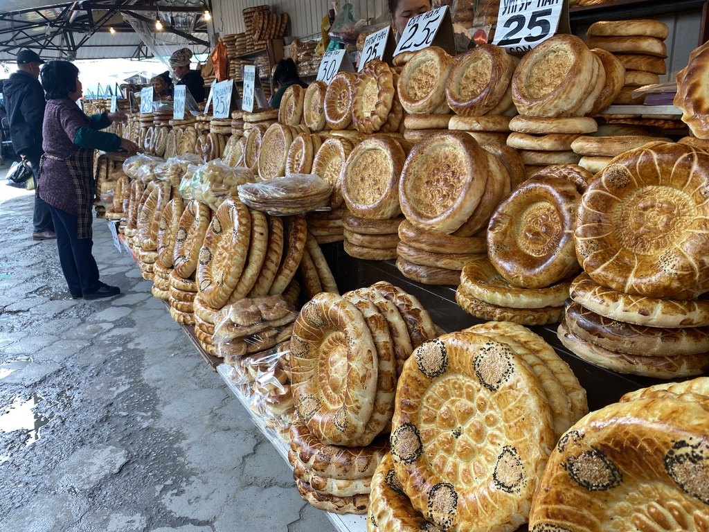 A bread stall at the local market near the Uch-Kurgan plant